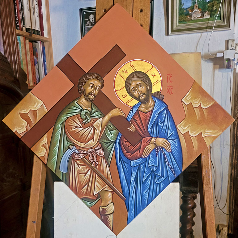 Simon de Cyrène aide Jésus à porter la croix